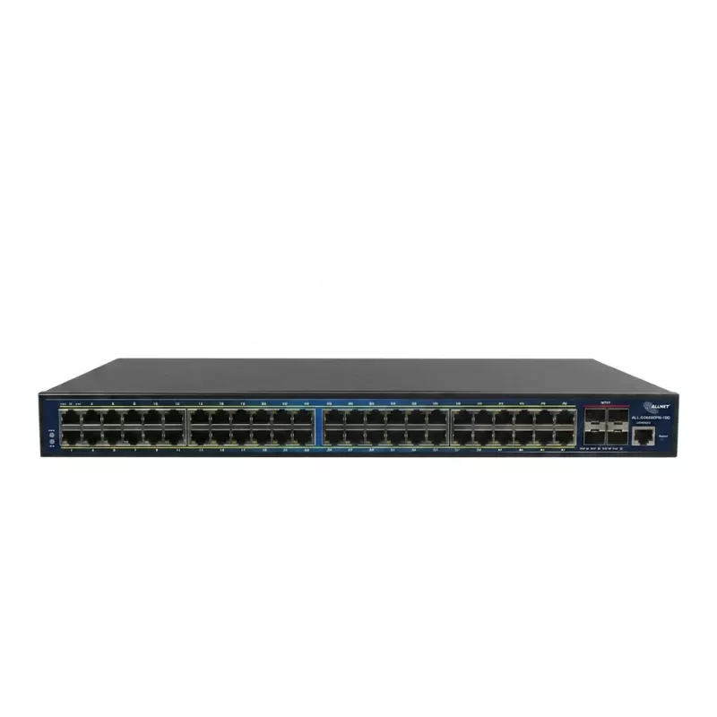 ALLNET ALL-SG8652PMJ-10G-850W pilnai valdomas Layer 2+ jungiklis, 52 prievadai (48x GbE PoE+, 4x 10G SFP+), PoE biudžetas 850W, 19 colių montavimui į stelažą, JSON API
