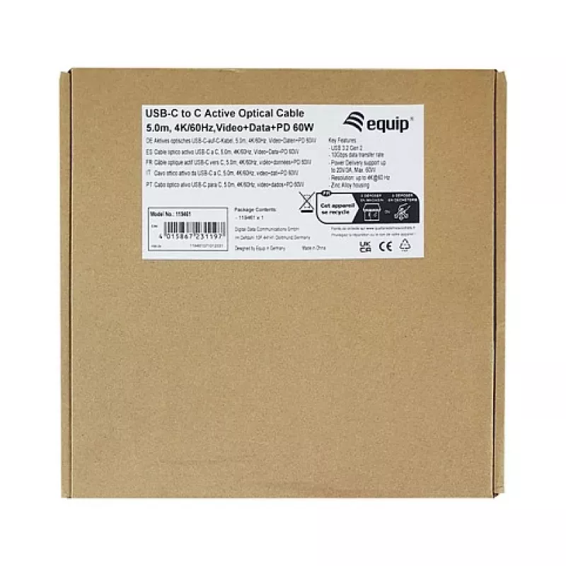 Equip USB-C 3.2 į USB-C aktyvus optinis kabelis 8K PD60W 5m juodas