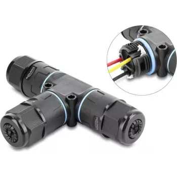 Delock T formos kabelio jungtis, 3 kontaktų gnybtas, IP68, vandeniui atspari, kabelio skersmeniui 5-9 mm, su tarpinėmis 9-12 mm, be įrankių, juoda (87244)