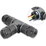 Delock T formos kabelio jungtis, 3 kontaktų gnybtas, IP68, vandeniui atspari, kabelio skersmeniui 5-9 mm, su tarpinėmis 9-12 mm, be įrankių, juoda (87244)