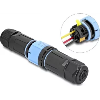 Delock kabelio jungtis su bajonetiniu užraktu, 3 kontaktų kištukas į lizdą, IP68 vandeniui atspari, kabelio skersmeniui 5–9 mm, su tarpinėmis 9–12 mm, be įrankių, juoda (87249)
