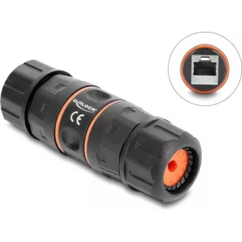Delock RJ45 moteriškas į RJ45 moterišką kabelio jungtis Cat.6A su M23,5 x 1,5 mm sriegiu, trumpas dizainas, IP68, dulkėms ir vandeniui atspari