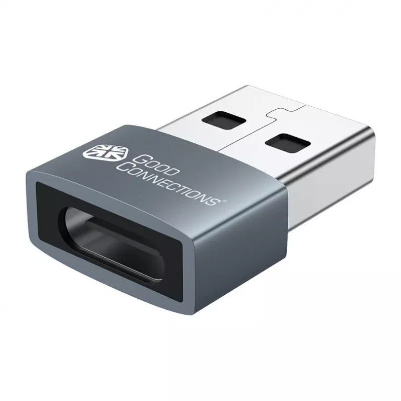 “Good Connections” USB 2.0 adapteris USB-A (vyriškas) į USB-C (moteriškas), aliumininis korpusas, pilkas, 2 vnt. pakuotė