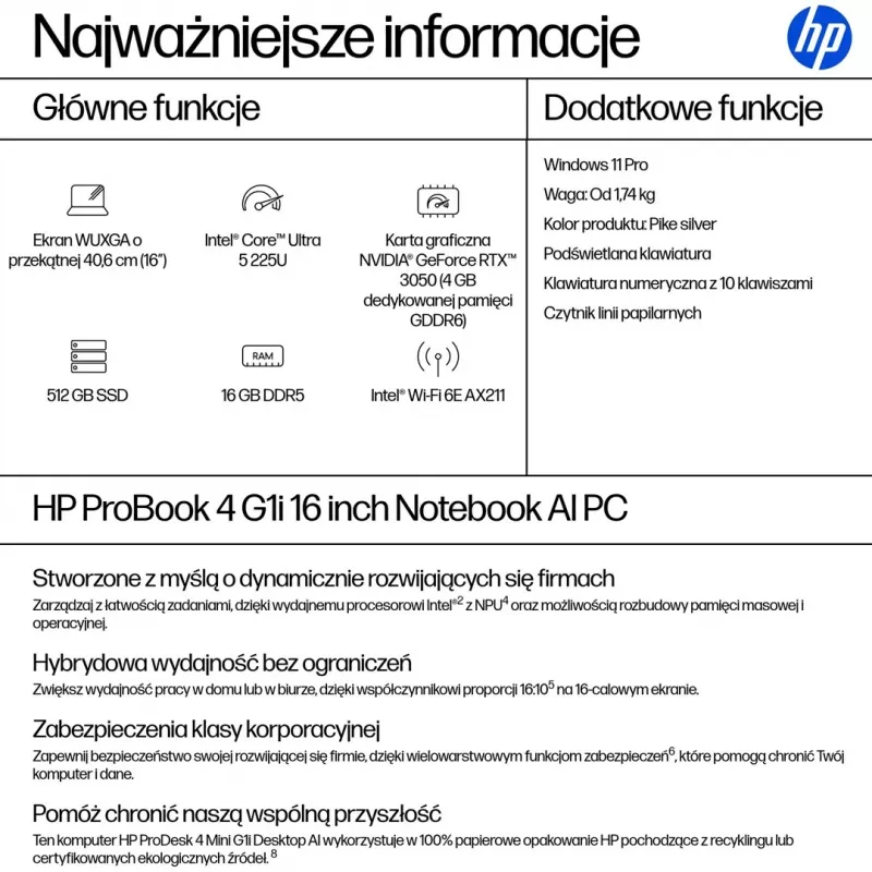 HP ProBook 4 G1i 16 colių WUXGA Intel Core Ultra 5 225U 16GB RAM 512GB SSD Windows 11 Pro