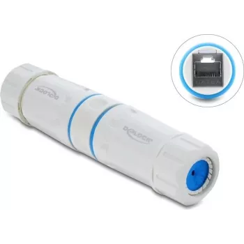 Delock RJ45 moteriškas į RJ45 moterišką jungtuvas Cat.6A su M23,5 x 1,5 mm sriegiu, IP68, atsparus dulkėms ir vandeniui, baltas (90661)