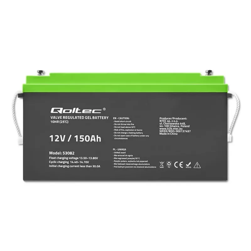 Qoltec 12V 150Ah Gel baterija (GEL) - VRLA, nereikalaujanti priežiūros, 41,8 kg