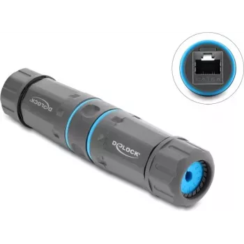 Delock RJ45 moteriškas-moteriškas jungtis Cat.6A su M23,5 x 1,5 mm sriegiu, IP68, atspari dulkėms ir vandeniui, pilka