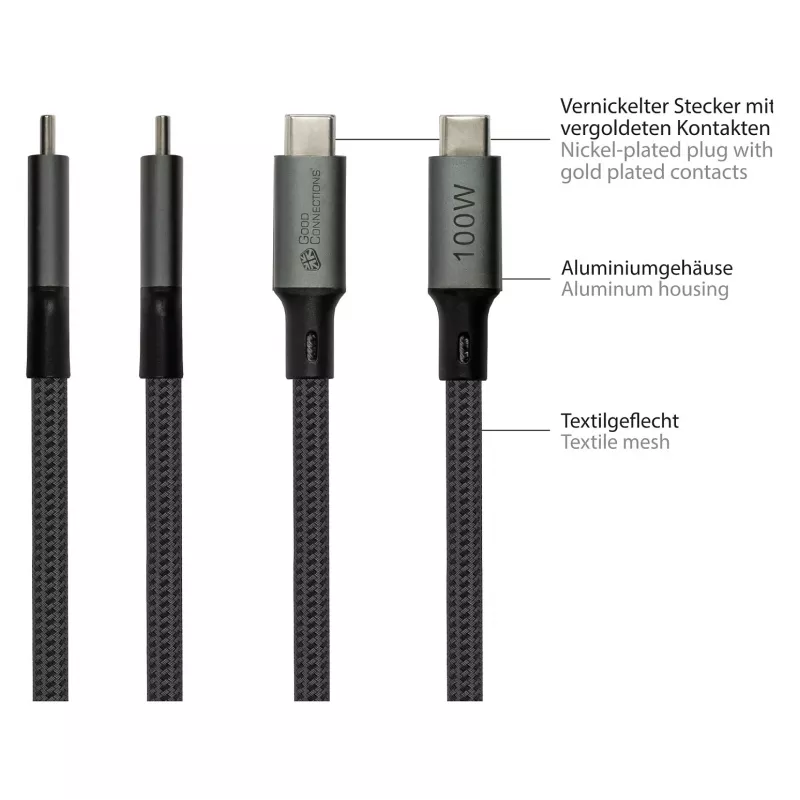 GoodConnections USB-C 4.0 (ST-ST) 1m Pintas Kabelis 100W 8K 30Hz Antracitas