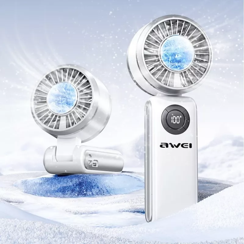 AWEI F39 Fast Ice Mini Rankinis Ventiliatorius, Ledinė Balta, 3600mAh, Turbo Aušinimas, 5 Greičiai, USB-C