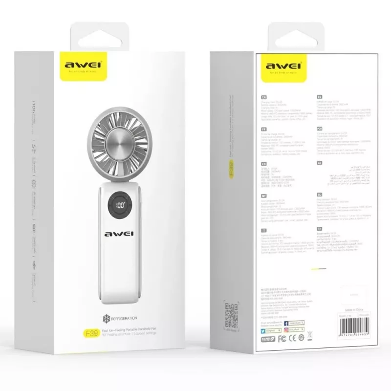 AWEI F39 Fast Ice Mini Rankinis Ventiliatorius, Ledinė Balta, 3600mAh, Turbo Aušinimas, 5 Greičiai, USB-C