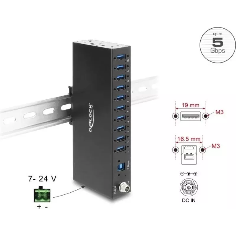 Delock Industrial Hub 10 x USB 5 Gbps Type-A su 8 kV ESD apsauga ir DIN bėgio montavimu (60792)