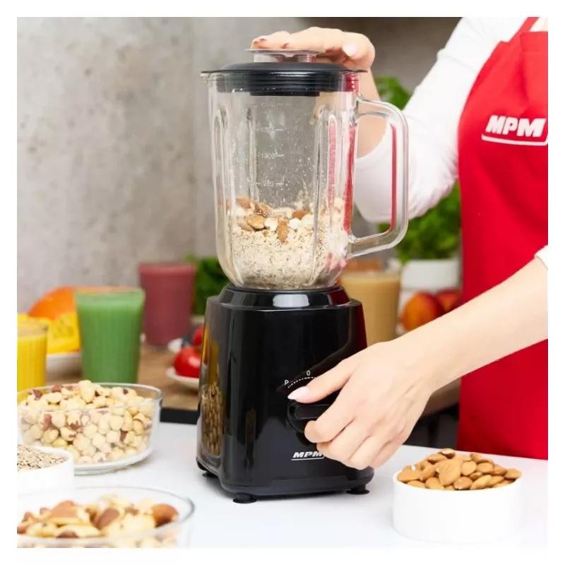 MPM MBL-37 Blender, 500 W, 1,5 L stiklinis indas, nerūdijančio plieno peilis, 2 greičiai, impulsinė funkcija, ledo smulkinimas, juoda