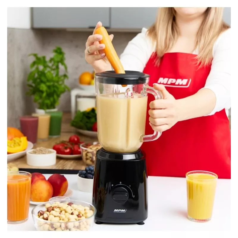 MPM MBL-37 Blender, 500 W, 1,5 L stiklinis indas, nerūdijančio plieno peilis, 2 greičiai, impulsinė funkcija, ledo smulkinimas, juoda