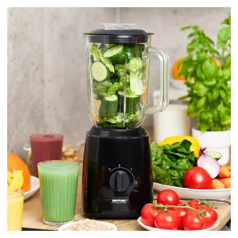 MPM MBL-37 Blender, 500 W, 1,5 L stiklinis indas, nerūdijančio plieno peilis, 2 greičiai, impulsinė funkcija, ledo smulkinimas, juoda