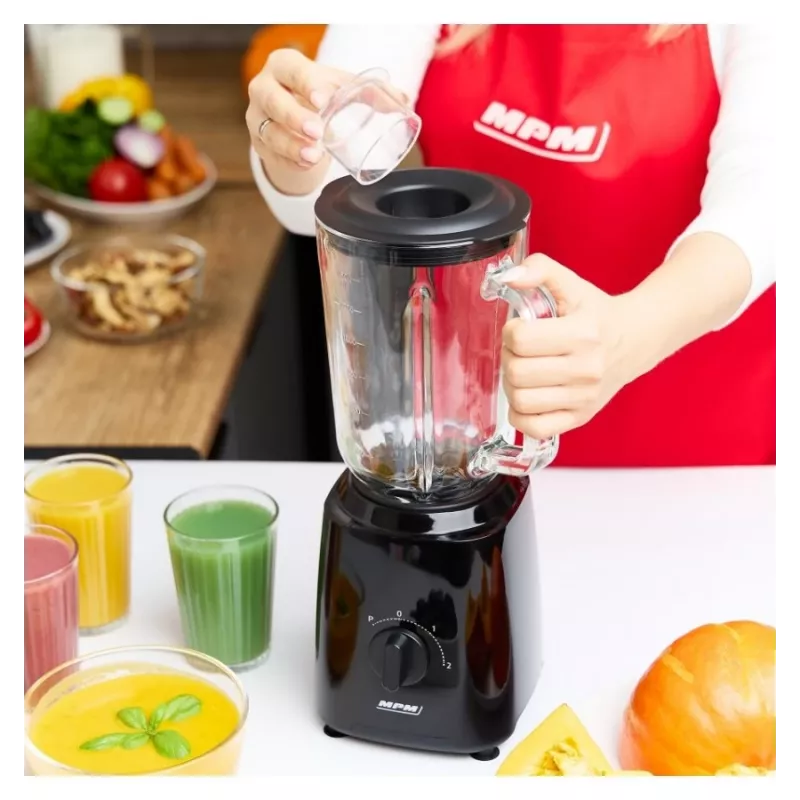 MPM MBL-37 Blender, 500 W, 1,5 L stiklinis indas, nerūdijančio plieno peilis, 2 greičiai, impulsinė funkcija, ledo smulkinimas, juoda