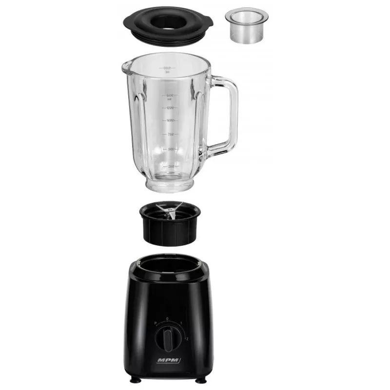 MPM MBL-37 Blender, 500 W, 1,5 L stiklinis indas, nerūdijančio plieno peilis, 2 greičiai, impulsinė funkcija, ledo smulkinimas, juoda