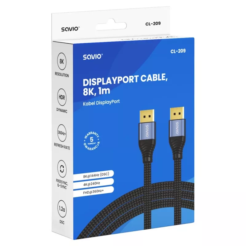 SAVIO CL-209 DisplayPort 2.1 laidas 1 m juodas