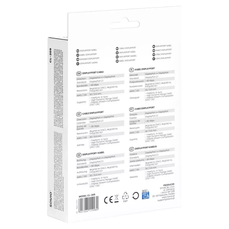SAVIO CL-209 DisplayPort 2.1 laidas 1 m juodas