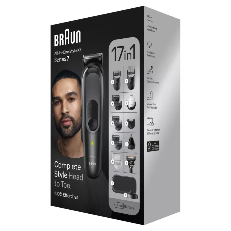 Braun MGK7491 17-in-1 Universalus stiliaus rinkinys, juodas/sidabrinis, belaidis, ličio jonų, 100 min veikimo laikas
