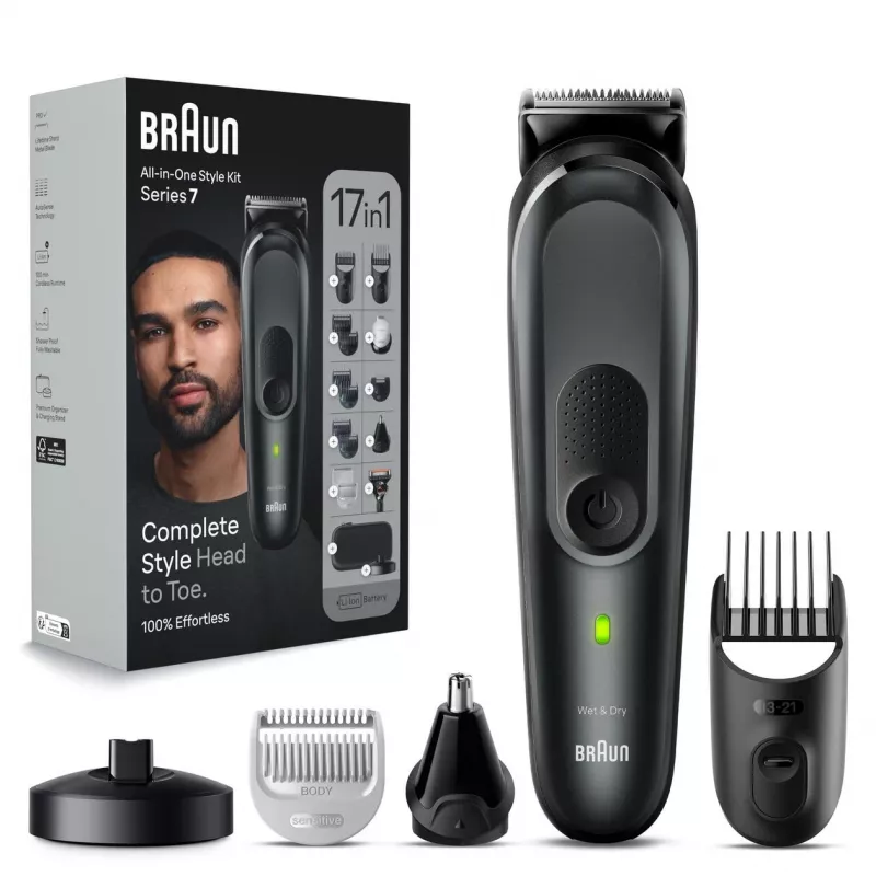 Braun MGK7491 17-in-1 Universalus stiliaus rinkinys, juodas/sidabrinis, belaidis, ličio jonų, 100 min veikimo laikas