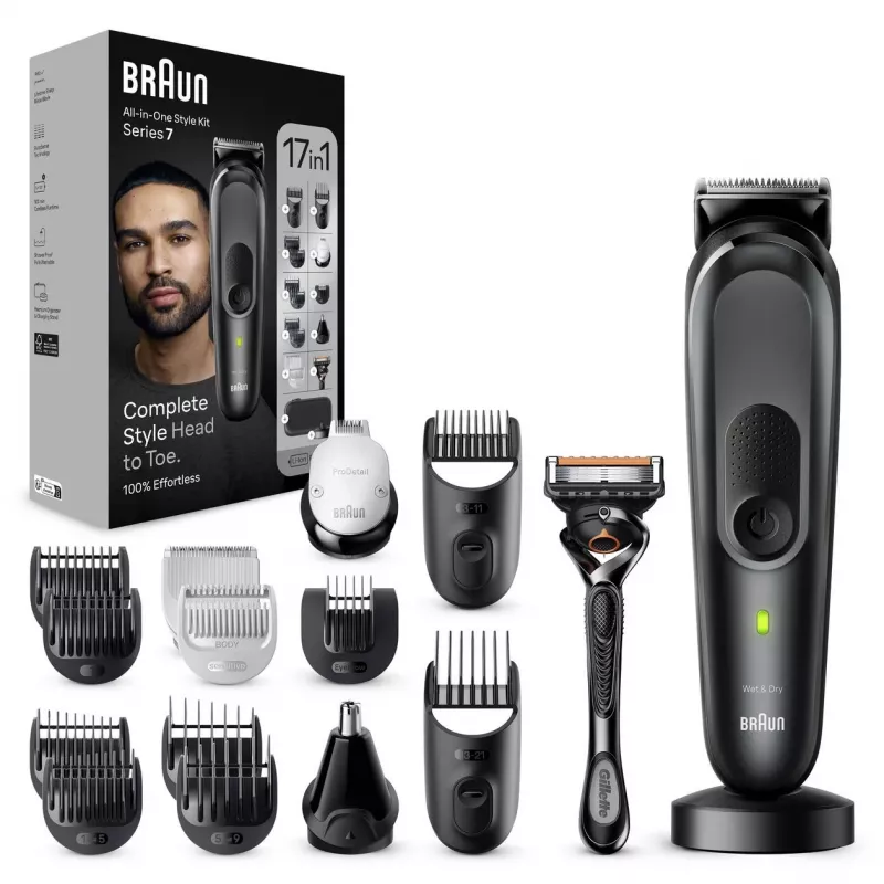 Braun MGK7491 17-in-1 Universalus stiliaus rinkinys, juodas/sidabrinis, belaidis, ličio jonų, 100 min veikimo laikas