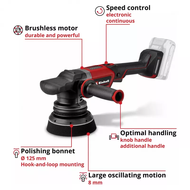 EINHELL Professional belaidis atsitiktinės orbitos poliruoklis CP-EP 18/125 Li BL-Solo, 18V, 125mm, raudonas/juodas, be įkroviklio ir akumuliatoriaus