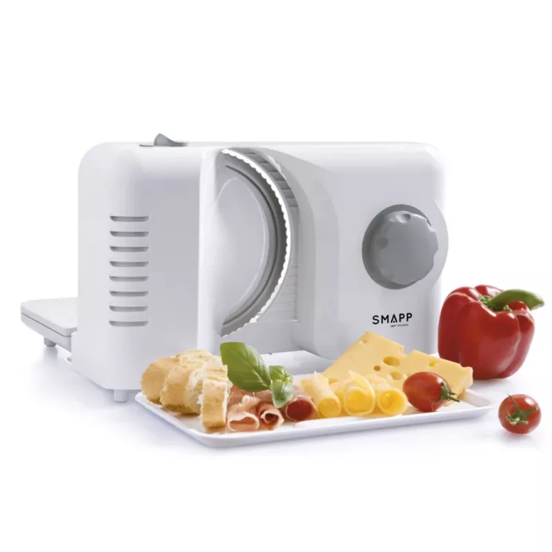 SMAPP 393.5 elektrinis maisto pjaustytuvas, sulankstomas, 150 W, nerūdijančio plieno peilis, baltas