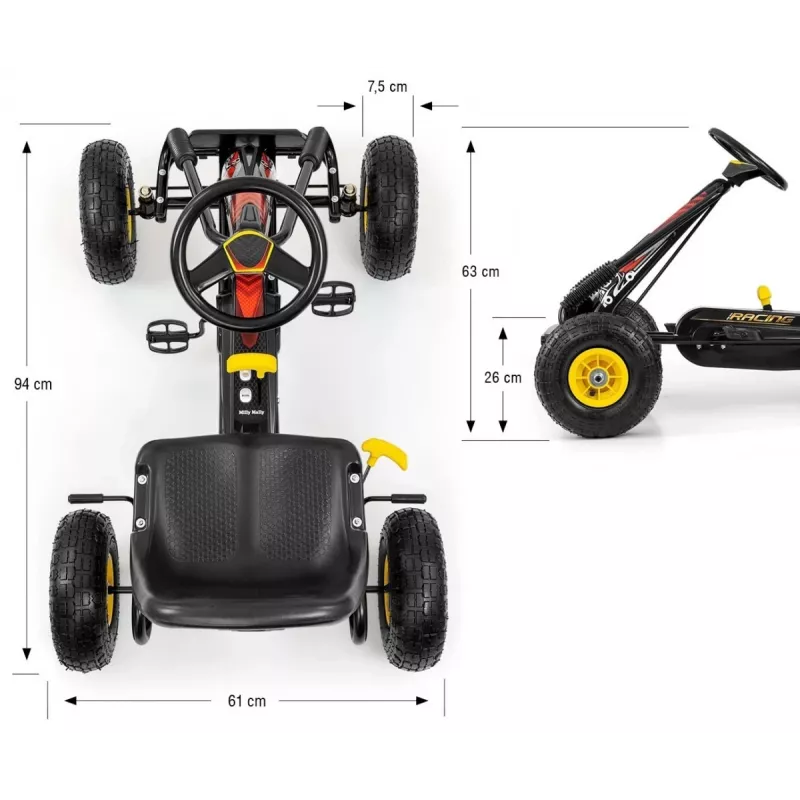 MILLY MALLY Pedalinis Go-Kart Thor Black, Plieninis rėmas, EVA putplasčio ratai, Rankinis stabdis, Pirmyn/Atgal, Vaikams nuo 3 iki 8 metų, Maks. apkrova 30 kg