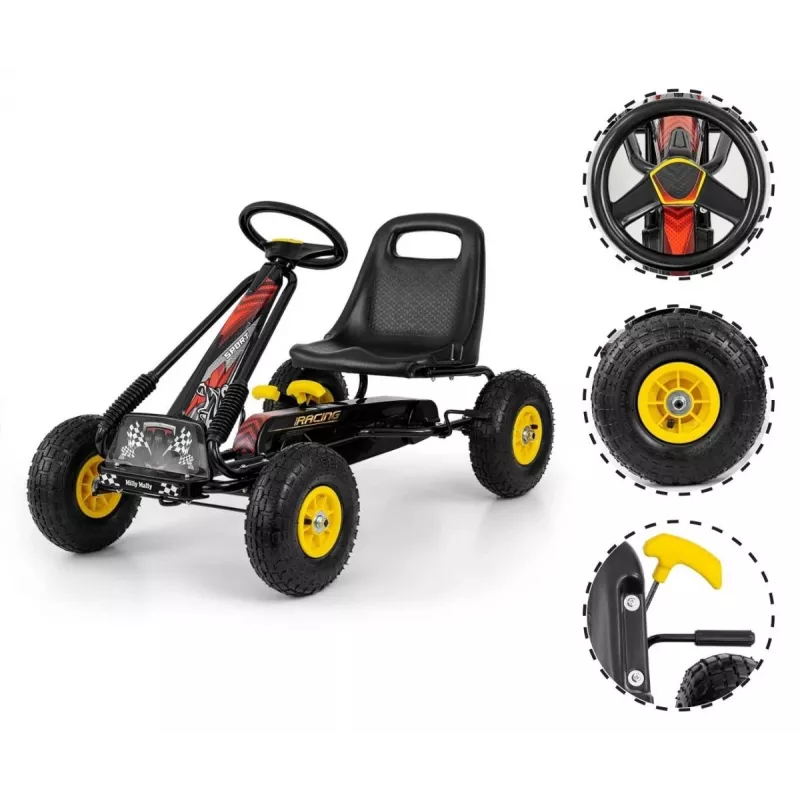 MILLY MALLY Pedalinis Go-Kart Thor Black, Plieninis rėmas, EVA putplasčio ratai, Rankinis stabdis, Pirmyn/Atgal, Vaikams nuo 3 iki 8 metų, Maks. apkrova 30 kg