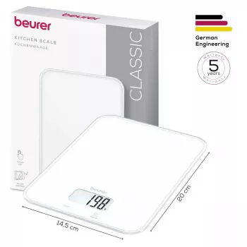Beurer KS 19 Pure White skaitmeninės virtuvinės svarstyklės su jutikliniais mygtukais, 5 kg talpa, 1 g padalomis, taros funkcija, LCD ekranu