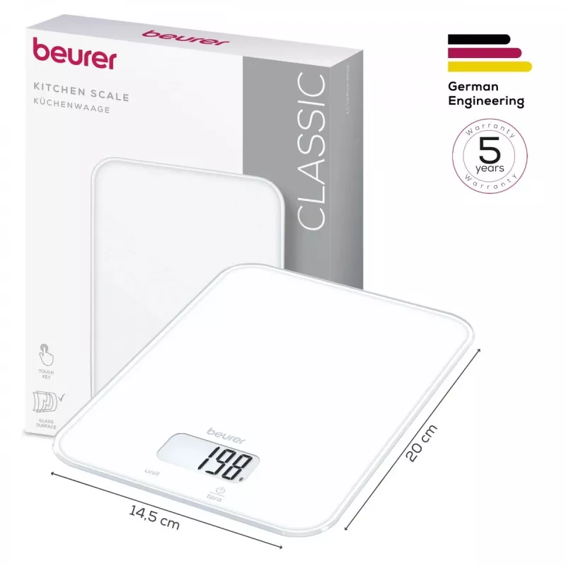 Beurer KS 19 Pure White skaitmeninės virtuvinės svarstyklės su jutikliniais mygtukais, 5 kg talpa, 1 g padalomis, taros funkcija, LCD ekranu