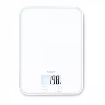 Beurer KS 19 Pure White skaitmeninės virtuvinės svarstyklės su jutikliniais mygtukais, 5 kg talpa, 1 g padalomis, taros funkcija, LCD ekranu