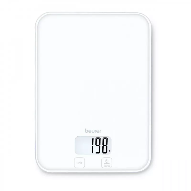Beurer KS 19 Pure White skaitmeninės virtuvinės svarstyklės su jutikliniais mygtukais, 5 kg talpa, 1 g padalomis, taros funkcija, LCD ekranu