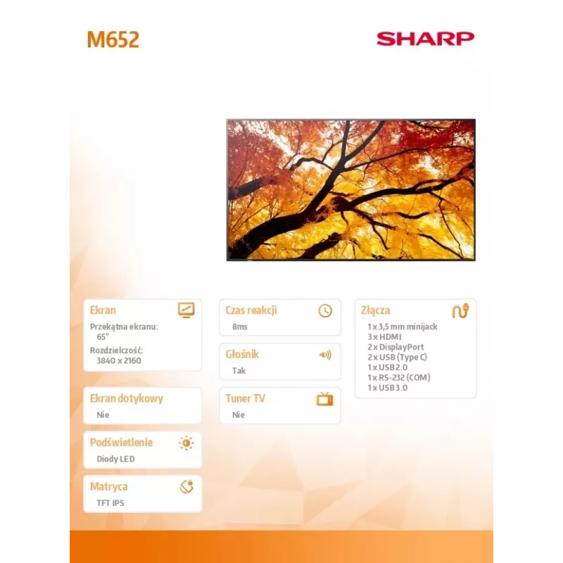 Sharp MultiSync M652 65 inch 4K UHD Professional Display 550 cd/m² 24/7