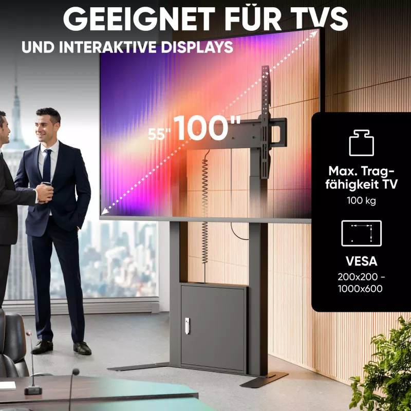 ONKRON FPRO2L-40-B TV grindinis stovas 55-100 colių televizoriams, juodas, 100 kg talpa, mobilus AV vežimėlis