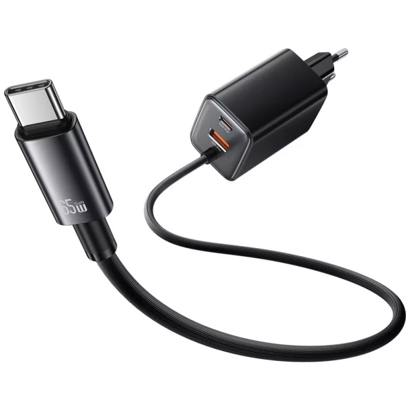 USAMS JC Series CC266 65W GaN greitasis įkroviklis su integruotu USB-C laidu, juodas