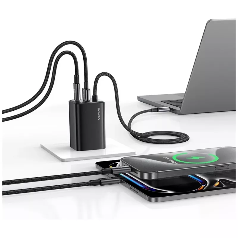 USAMS JC Series CC266 65W GaN greitasis įkroviklis su integruotu USB-C laidu, juodas