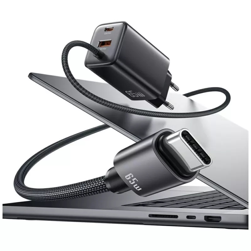 USAMS JC Series CC266 65W GaN greitasis įkroviklis su integruotu USB-C laidu, juodas