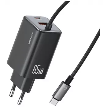 USAMS JC Series CC266 65W GaN greitasis įkroviklis su integruotu USB-C laidu, juodas