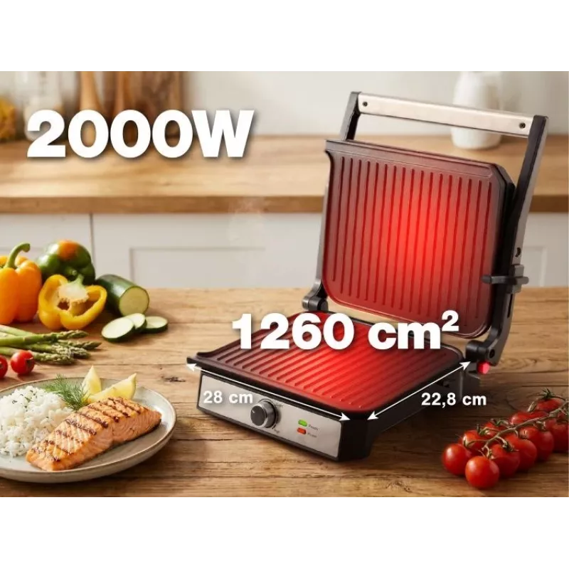 ELDOM GK200 GRILO kontaktinė kepsninė 2000W, reguliuojamas termostatas, nelipnios plokštės, juoda/sidabrinė