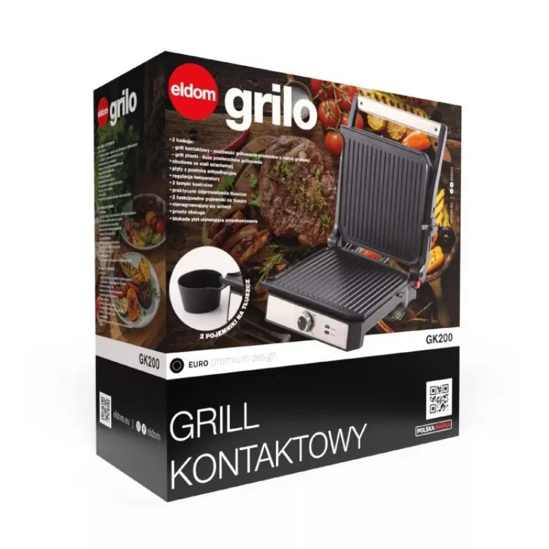 ELDOM GK200 GRILO kontaktinė kepsninė 2000W, reguliuojamas termostatas, nelipnios plokštės, juoda/sidabrinė