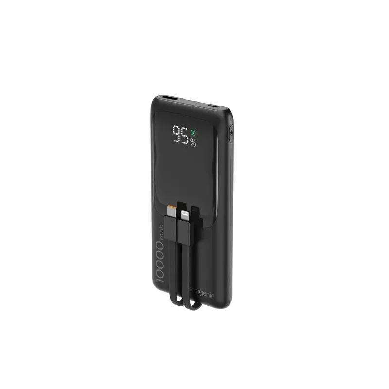 Gembird PB10-PD20-LCD-01 Greitojo įkrovimo power bank su integruotais kabeliais, 20W, 10000 mAh, juoda