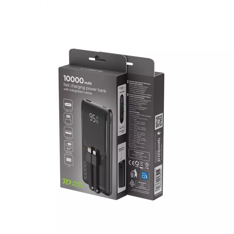 Gembird PB10-PD20-LCD-01 Greitojo įkrovimo power bank su integruotais kabeliais, 20W, 10000 mAh, juoda