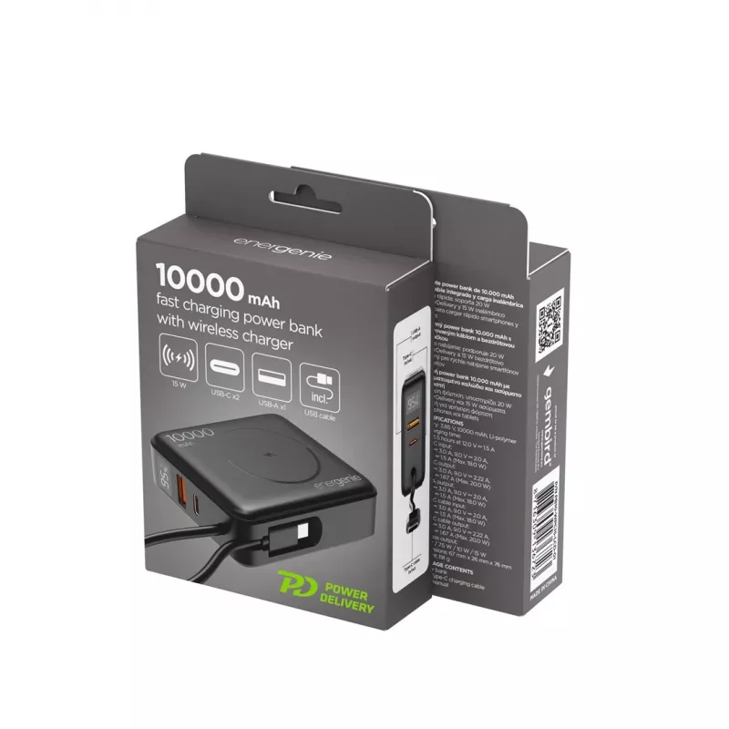 Gembird PB10-WPC15-LCD-01 Greitojo įkrovimo Power Bank su belaidžiu įkrovikliu, 20W, 10000 mAh, juoda