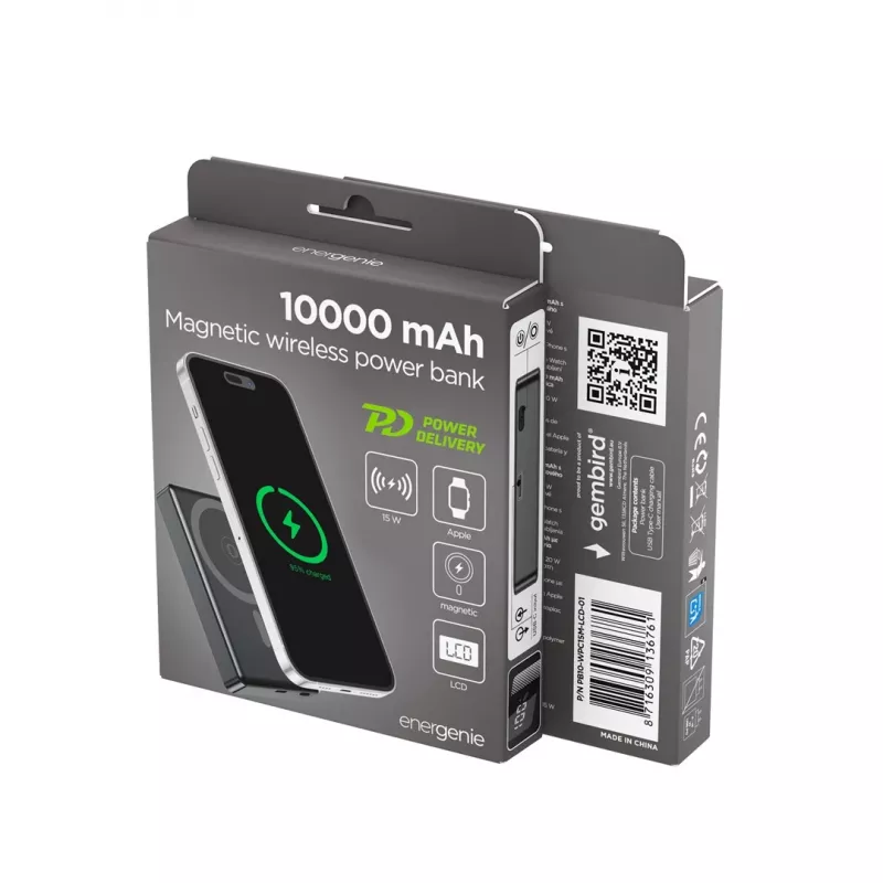 Gembird PB10-WPC15M-LCD-01 Magnetinis belaidis powerbank su LCD, 15W, 10000 mAh, juodas