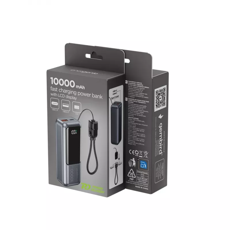 Gembird PB10-PD20-LCD-02 Kompaktiškas greito įkrovimo powerbank su LCD ekranu, 20W, 10000 mAh, kosminė pilka