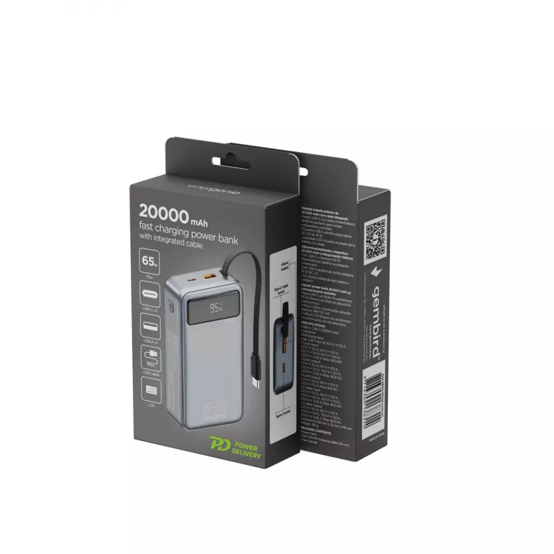 Gembird PB20-PD65-LCD-01 Greitojo įkrovimo power bank su integruotais kabeliais, 65W, 20000 mAh, juoda