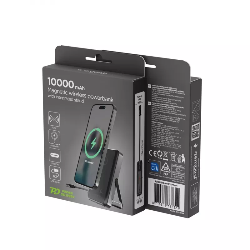 Gembird PB10-WPC15MS-01 Magnetinė belaidė Powerbank su integruotu stovu, 15W, 10000 mAh, juoda