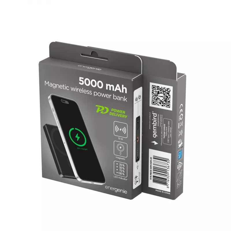 Gembird PB05-WPC15M-01 Magnetinė belaidė Power Bank 15W, 5000mAh, juoda