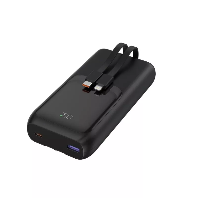 Gembird PB20-PD20-LCD-01 Greitojo įkrovimo power bank su integruotais kabeliais, 20W, 20000 mAh, juoda